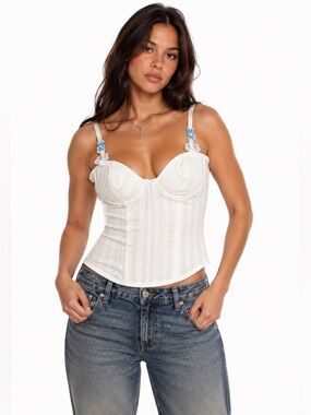 90s French Vintage Desirée Embroidery Corset Bustier (White) Size M/L (85B)